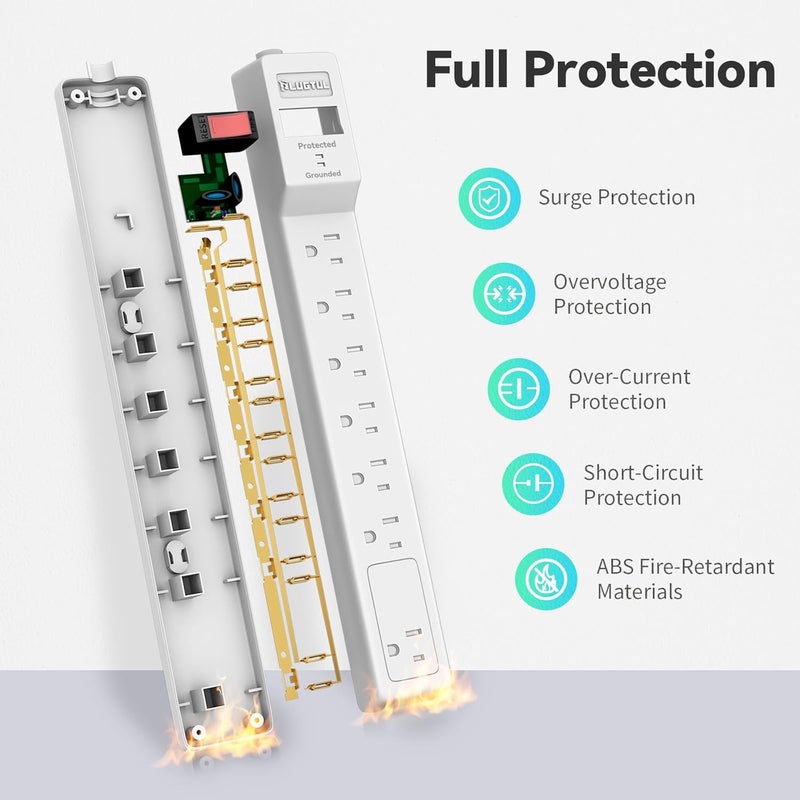 PLUGTUL Surge Protector 15FT (980 Joules), Flat Plug Power Strip, Extension Cord with Multiple Outlets, 7 Outlets, ETL Listed, 14 Gauge, Wall Mountable for Home Office Garage, White - Image 3